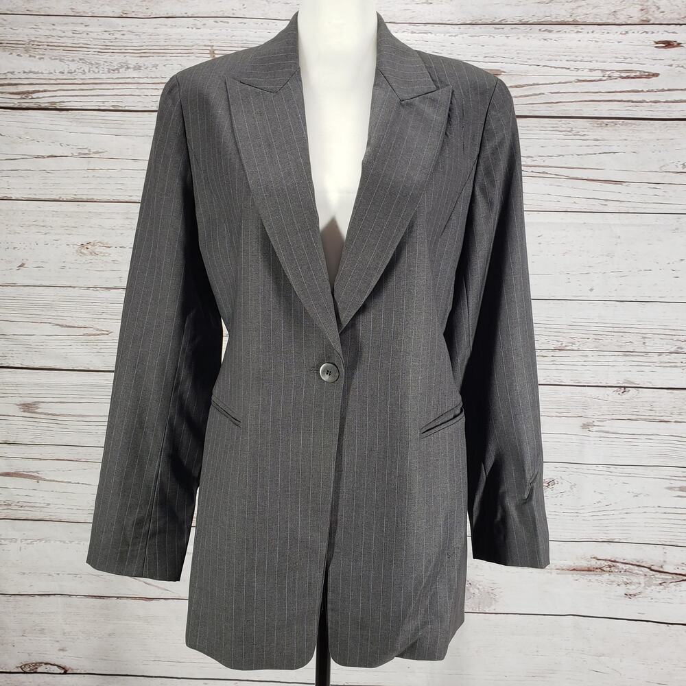 Lafayette 148 New York Gray Pinstriped 100%Wool Blazer Jacket Size 10